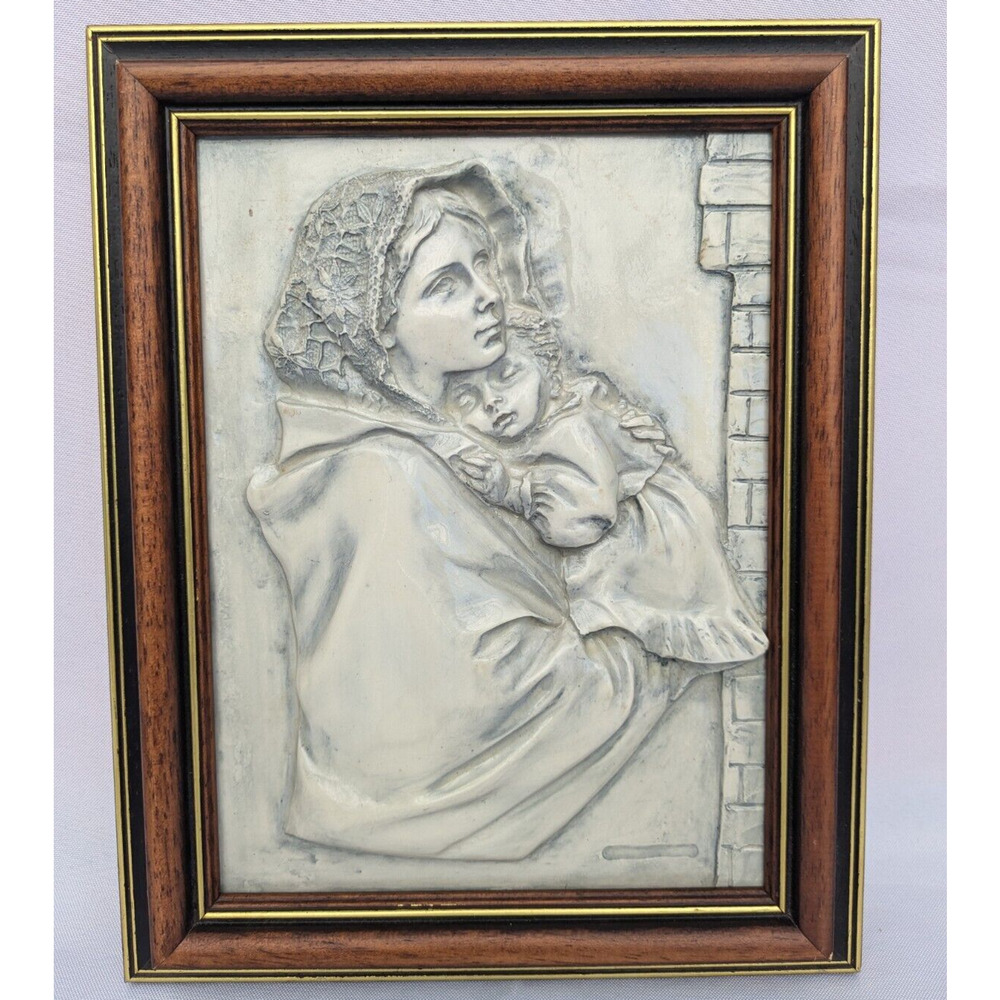 VTG Madonna Mother and Child 3D Framed Art Made in Italy Hand Painted Wood Frame